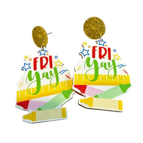 3/$20 Colorful Fri Yay Earrings with Glitter - Picture 1 of 7